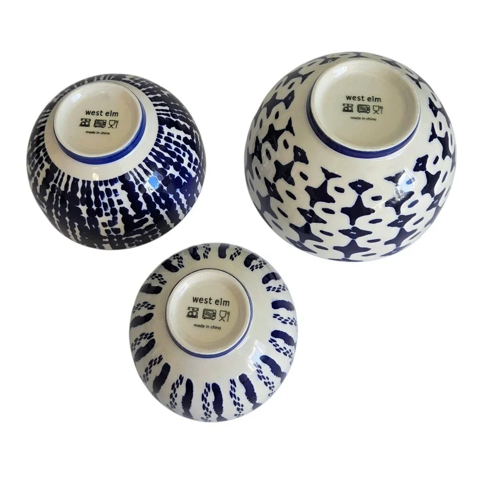 West Elm Indigo Tie Dye‎ Nesting Bowls Set of 3 Cobalt Blue & White Bowl Dish